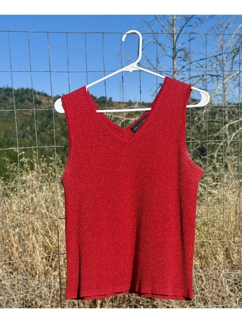August Silk Women's Large Red V-Neck Sleeveless Silver Metallic Tank Top